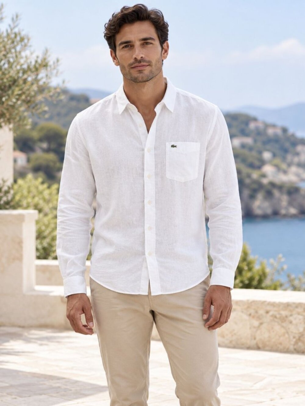 Lacoste White Linen Button Down Shirt 40 Long Sleeve Coastal Preppy Old Money